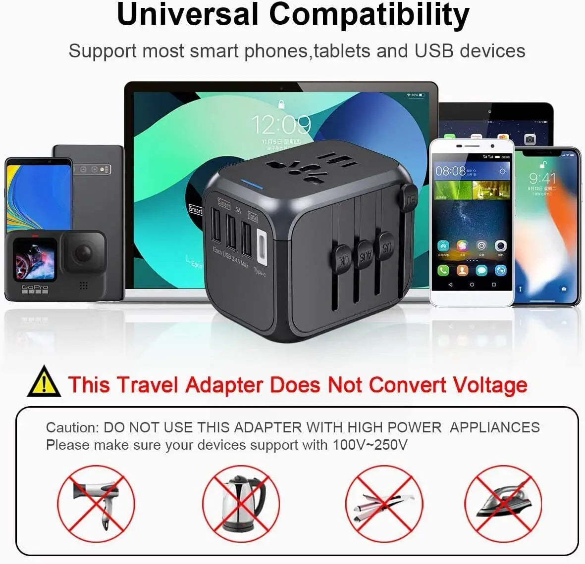 International Universal Travel Adapter 3 USB &Type-C Outlet Converter Plug Power Adapter Plug Charger