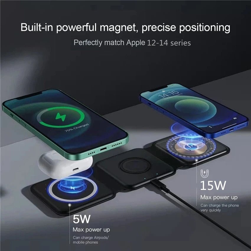 Chargeur magnétique sans fil 3 en 1 pliable, pour iPhone 14 13 12 11 XS X 8 Apple Watch AirPods 15W, Station de charge rapide